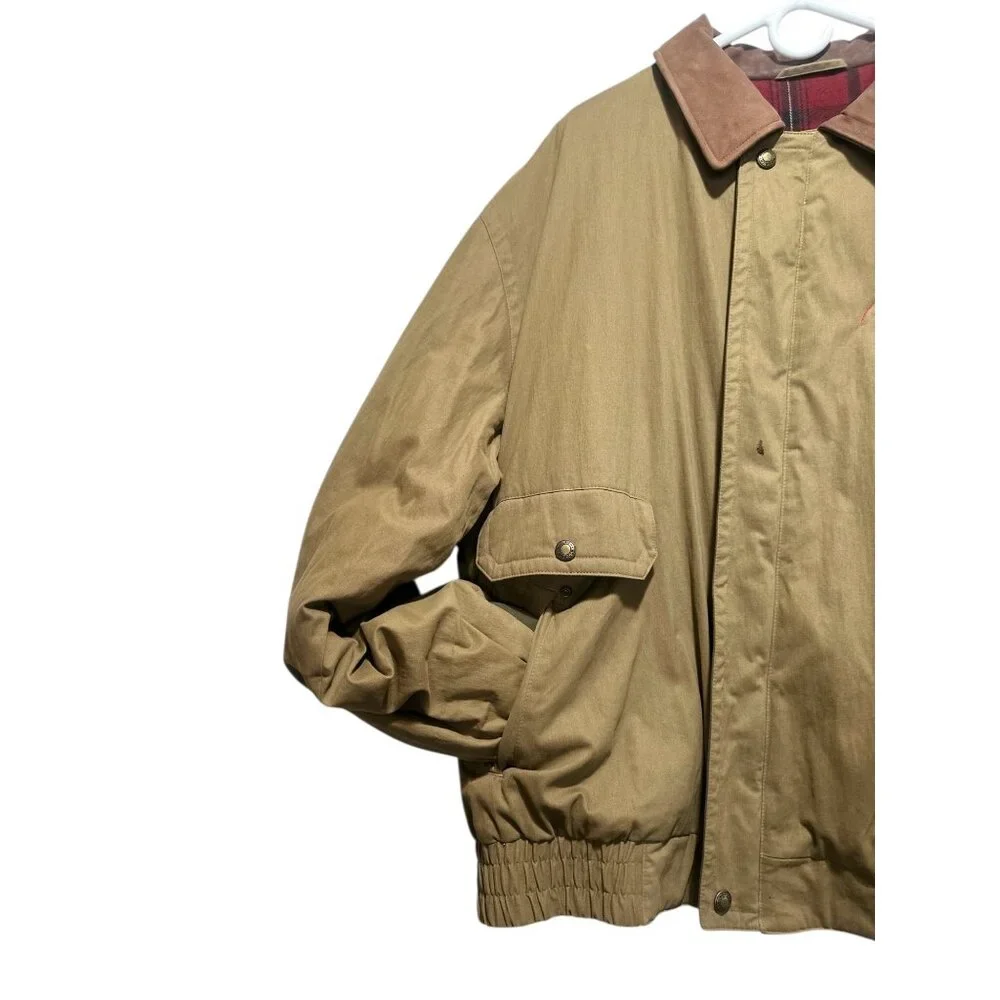 Woolrich Bomber Barn Coat Mens XXL Tan Flannel Plaid Lined Wool Chores Collared